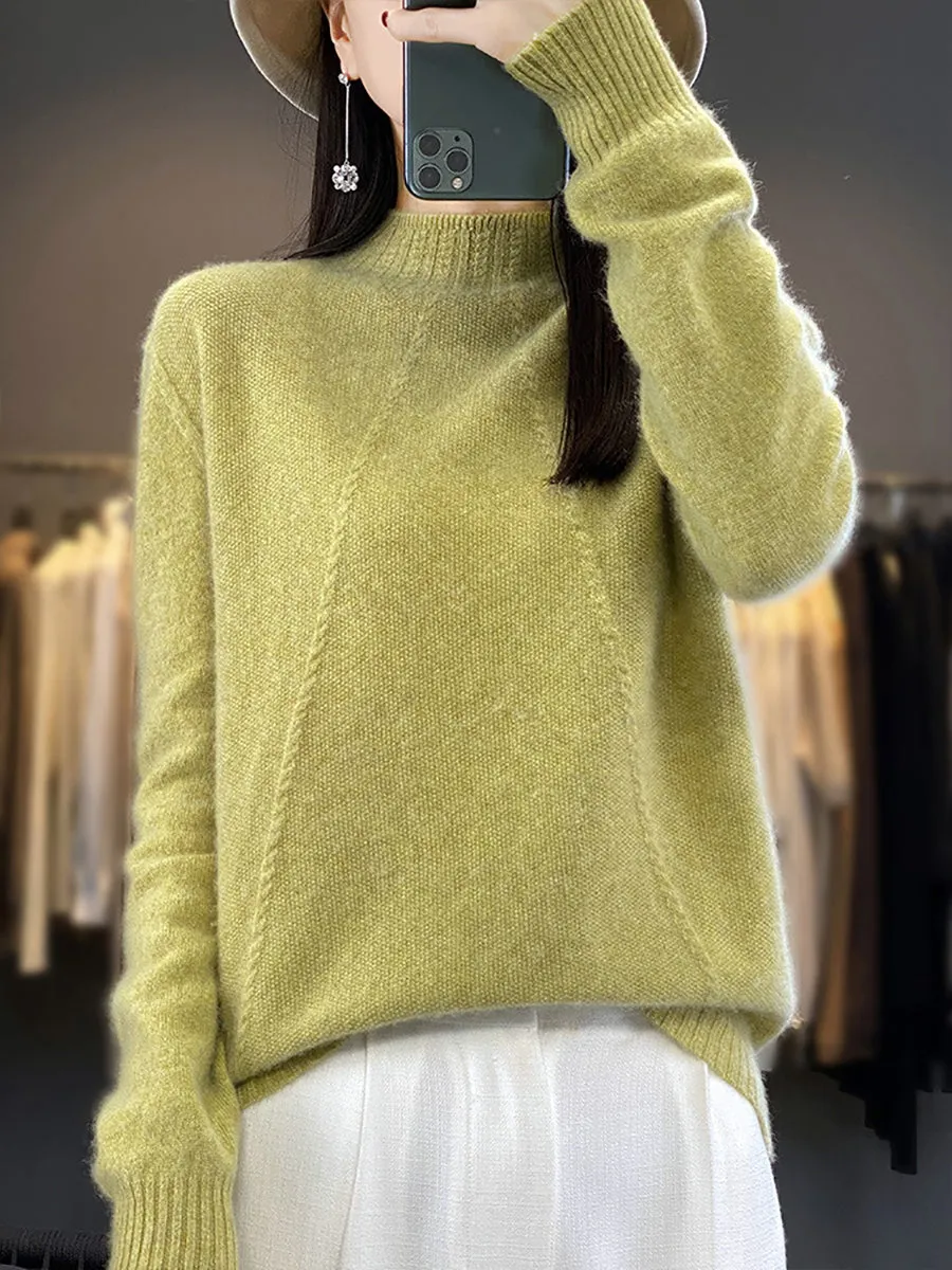 Women Winter Solid Warm Half-Turtleneck Wool Sweater