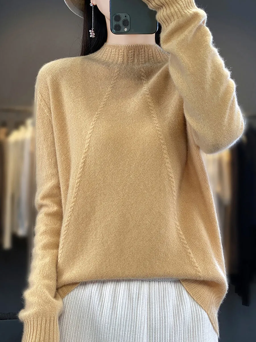 Women Winter Solid Warm Half-Turtleneck Wool Sweater