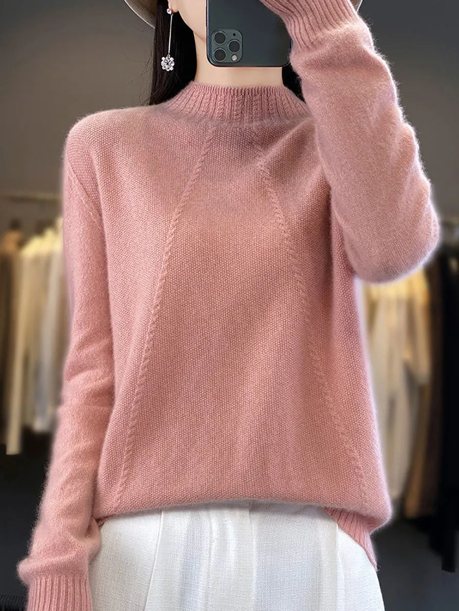 Women Winter Solid Warm Half-Turtleneck Wool Sweater