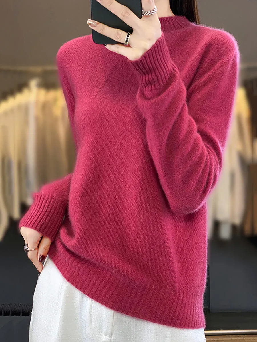 Women Winter Solid Warm Half-Turtleneck Wool Sweater