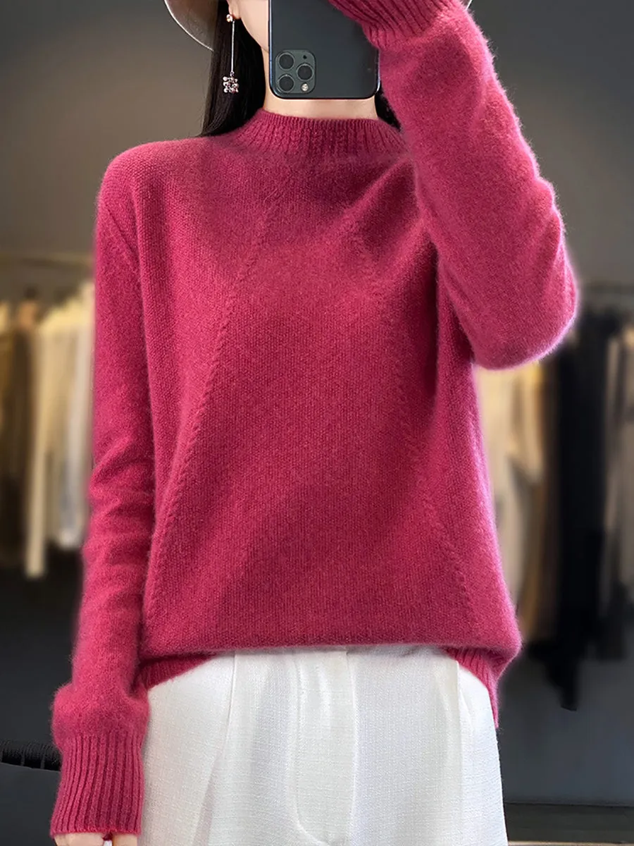 Women Winter Solid Warm Half-Turtleneck Wool Sweater